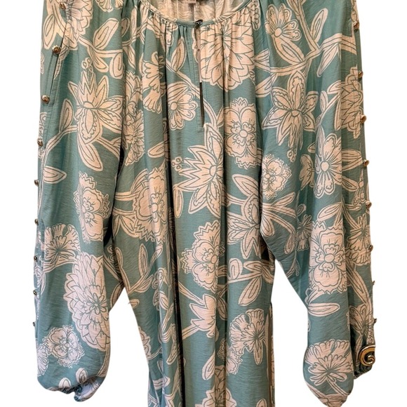 LOFT Green Floral Print Split Neck Tie Waist Long Sleeve Mini Dress‎-NWT-Medium - Picture 3 of 8